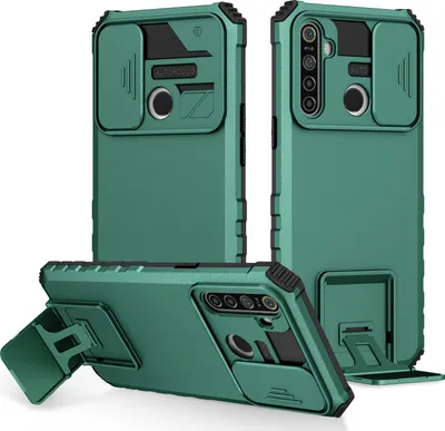 Image de Étui pour OPPO Realme 5 étui de protection militaire double couche avec support et protection coulissante de l'appareil photo vert