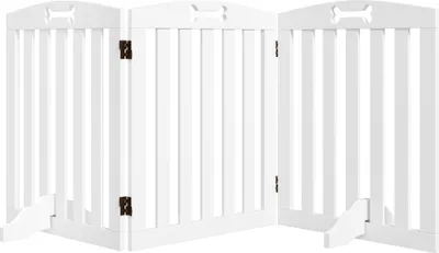 Produktbild von PawHut Absperrgitter Hund 3-teilig, 155 x 61 cm Faltbar Türschutzgitter mit 2 Stützfüßen, Freistehend Hundegitter, Treppengitter für mittelgroße Hunde, für Flur, Treppe, Weiß