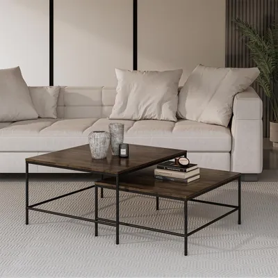 Image de Set de tables basses Vicco Ramio Chêne rustique/noir 80x80cm 2 pièces, Model 56194