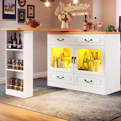 Obrázok produktu pre Výsuvný barový stôl s úložným priestorom, otočný, s LED osvetlením, rozmer 135–203 x 39 x 92,9 cm, biela farba