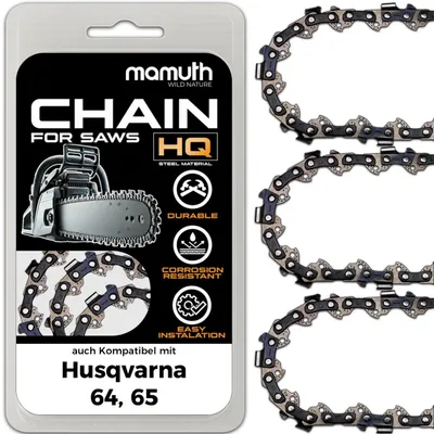 Zdjęcie produktu dla 3 łańcuchy do piły łańcuchowej, długość 50 cm, grubość ogniwa 1,5 mm, krok 3/8", typ 72 TG, przeznaczone do pilarek Husqvarna 64, 65