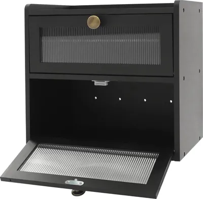 Produktbild von Brotkasten - Zweistöckig - Großes Fassungsvermögen - Acrylfenster - Mit Schneidebrett - Belüftet - Wasserabweisendes Kiefernholz - Metallrahmen - Schwarz