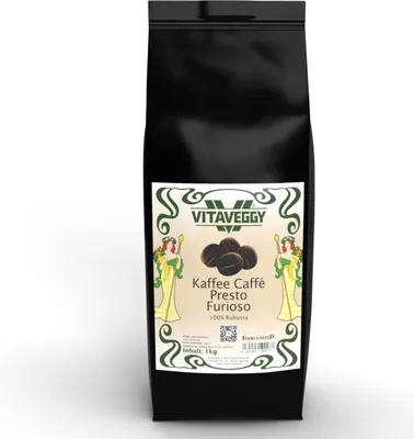 Produktbild von VITAVEGGY PRESTO FURIOSO ganze Robusta Kaffeebohnen 2x1KG 100% Röstkaffee aus Indien - Kerala,viel Koffein wenig Säure intensiver Geschmack, Röstung in Deutschland, Food-United, Espresso-Kaffee-Crema Filterkaffee Latte Macchiato Cold Brew Coffee und