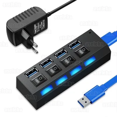 Productafbeelding van USB 3.0 hub met 4 poorten, splitteradapter met actieve voeding, geschikt voor PC, laptop, notebook, ultrabook, zwart. 1 naar 4 aansluitingen, universeel compatibel