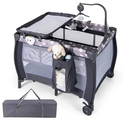 Image de Lit de voyage pour bébé - Lit 3 en 1 - Lit d'appoint pliable, matelas, 2 niveaux, matelas à langer, 1 à 2 ans, sac de transport - Gris