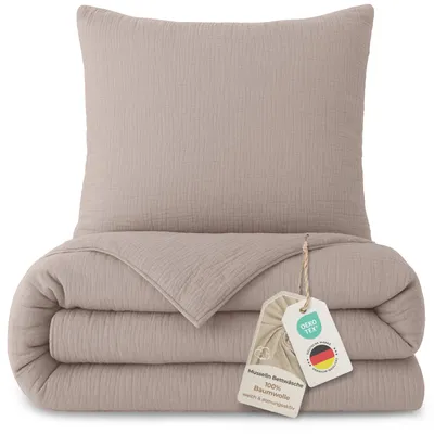 Mousseline Bettwäsche 155x220+80x80 cm, 100% Baumwolle, taupe
