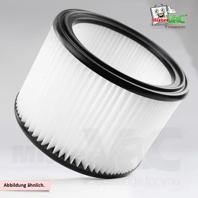 A pleated vacuum cleaner filter with a black rim, isolated on a neutral background. A logo and text overlays are present.