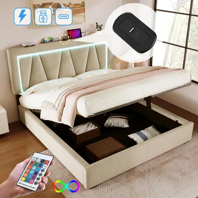 Obrázok produktu pre Flieks box spring posteľ 160x200cm s USB, čalúnená posteľ s lamelovým roštom, manželská posteľ s LED, úložná posteľ pre mladých, posteľná bielizeň, béžová