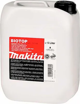 A white plastic jug of Makita BIOTOP biological saw chain oil.