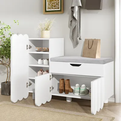 Produktbild von STILVORA Schuhschrank mit 3 Türen,Schuhkommode mit Schuhbänke und Schuhschränke,Flurschuhregal mit Schublade und Sitzpolster für Eingangsbereich,Weiß