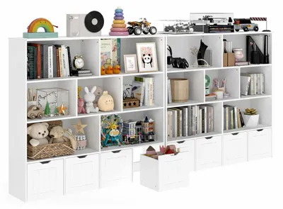 Image de Étagère de chambre d'enfant, modèle 2, blanche, avec 4 boîtes de rangement sur roulettes, dimensions : 125 x 33 x 118 cm
