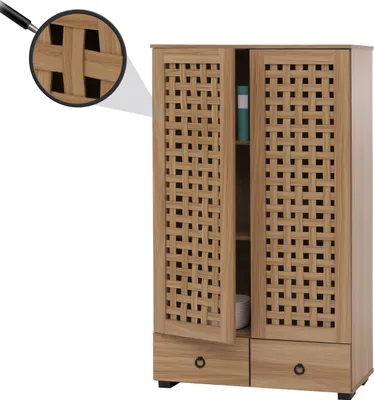 Produktbild von Szafka HWC-N87, szafka do salonu, wiklinowy wzór 3D 2 drzwi 3 schowki 2 szuflady z miękkim zamknięciem, 138x80x36cm ~ brązowy