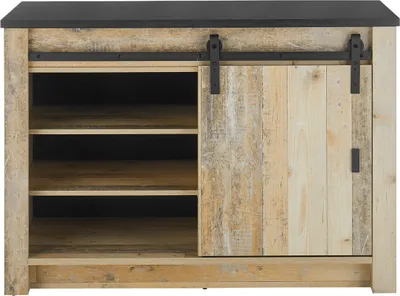 A close-up, front-facing view of a rustic-style media console with a sliding barn door.
