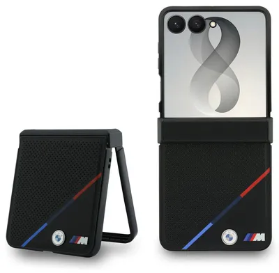 Obrázok produktu pre Perforované magnetické puzdro BMW M zPolyuretáns trojfarebným pruhom pre Samsung Galaxy Z Flip 8, čierne