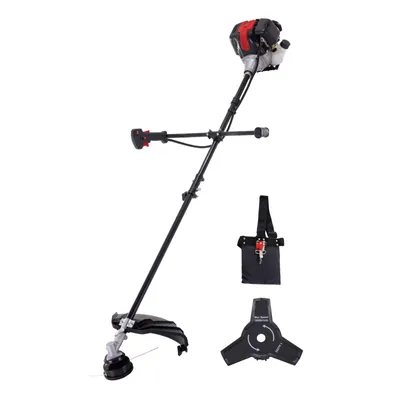 A string trimmer and its accessories are displayed against a white background.