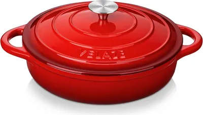 A red cast iron pot with a lid and silver knob, shown from a diagonal angle on a white background.