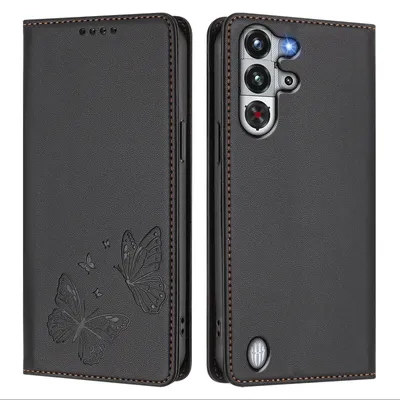 Obrázek produktu pro Kožené pouzdro pro ZTE nubia RedMagic 10 Pro, motýlí ražbou, peněženkové flip pouzdro se stojánkem Černá