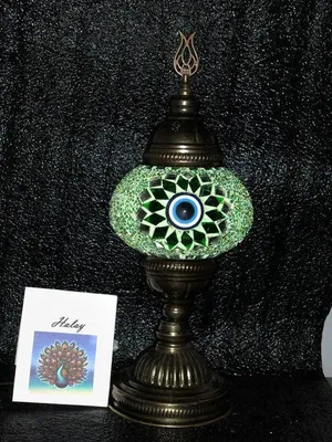 Zdjęcie produktu dla Ręcznie wykonana turecka lampa Sfeerlamp z niebieskim okiem Nazar i zieloną mozaikową lampką nocną, orientalna lampa stołowa
