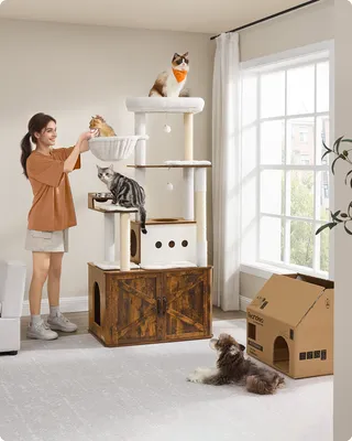 Produktbild von Feandrea Kratzbaum, Katzenklo-Schrank, erhöhte Fressnäpfe, mehrstöckiger Katzenbaum, Kratzstämmen vintagebraun