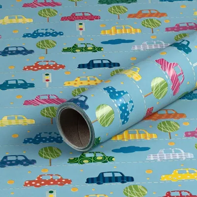 Produktbild von Geschenkpapier Autos, Blau, 0,70 x 10 m, Geburtstagspapier für Kinder