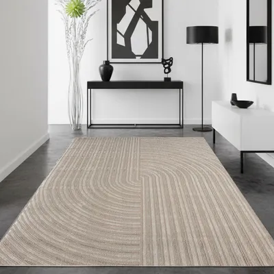 A modern hallway with a rug, console table, artwork, and floor lamp.