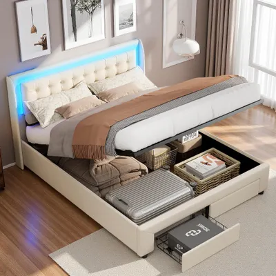Obrázok produktu pre Čalúnená posteľ ProximaX 160 x 200 cm s úložným priestorom, zamatová posteľ s RGB LED, hydraulický úložný priestor a 2 zásuvky, stabilná, moderná, béžová