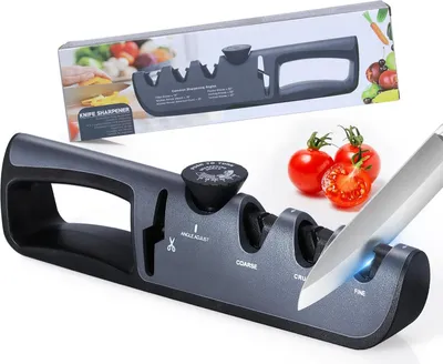 Produktbild von Küchen Messerschärfer 4 in 1, Ergonomischer Griff, rutschfeste Basis, für Messer und Scheren, Schwarz