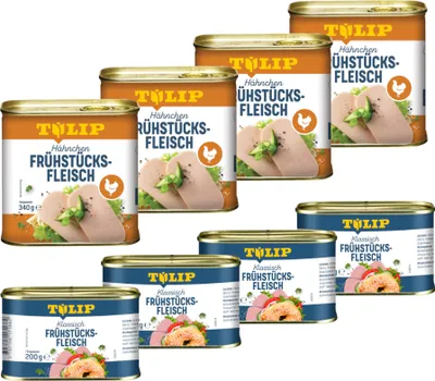 Produktbild von TULIP Bundle 4x Frühstücksfleisch 200g 4x Hähnchen 340g Konserve Delikatesse