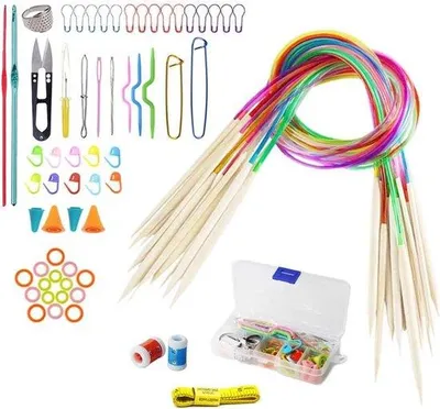 Imagen del producto de Juego de agujas de tejer de bambú y madera con accesorios, 18 pares de agujas circulares y de crochet, surtido de colores de 20 a 100 mm