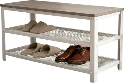 Image de Banc à chaussures Relaxdays, pour 6 paires de chaussures, H x l x P : 45 x 73 x 30 cm, 2 étagères grillagées, assise aspect bois, marron clair/blanc
