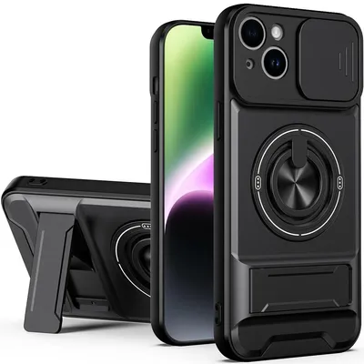 Produktbild von Magnetisch Hülle für iPhone 14 Plus Militär Stoßfest Hülle mit Dia Kameraschutz und Ringhalter Ständer Schwarz