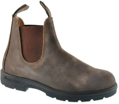 A single brown leather boot is shown against a white background.