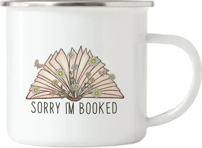 Produktbild von Sorry I'm booked Emaille Tasse Leseratte Bücherwurm Lustiges Motiv mit Büchern Geschenkidee