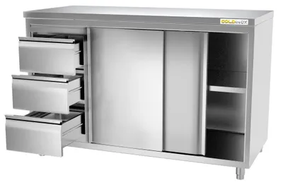 Imagen del producto de Mueble bajo de acero inoxidable, 1800 x 600 mm, con 3 cajones a la izquierda, calidad PREMIUM - GOLDINOX