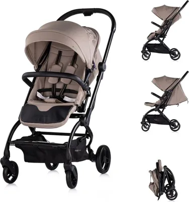 A collage of images showing a beige baby stroller from different angles and in a folded state.