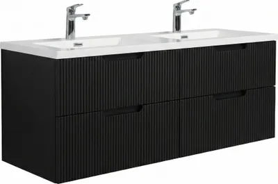 Produktbild von Badplaats Badmöbel Set mit Waschbecken und Unterschrank Thermis 140 x 48 cm Schwarz Matt - Waschbeckenunterschrank mit Soft-Close und Doppelwaschbecken, Vorgemontiert