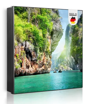 Zdjęcie produktu dla banjado metalowa szafka na klucze, duża 30x30 cm z 32 haczykami, może służyć jako tablica magnetyczna, czarny korpus, zawias po lewej stronie, Versteckte Bucht [SKG2 12266]