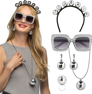 Produktbild von Kostüm-Set "Discokugel" 6-tlg. | Silber - Schmuck Brille Diadem