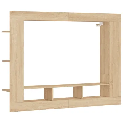 A light brown wooden TV cabinet with shelves, shown against a white background.