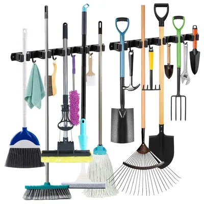 Produktbild von Besenhalter - Wandhalterung - 5 Halterungen für Besenstiele mit 4 Haken - Edelstahl 304 - Selbstklebend oder mit Schrauben zu befestigen - Für Garage, Garten und Küche