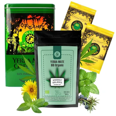 Image de Yerba Mate Tee Mate GreenSet- Mate GreenEnergy Balance Tee 400 g avec menthe - Yerba Mate Green100 g - Boîte en acier Mate Green