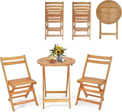 Imagen del producto de Conjunto de bistro plegable de 3 piezas, que incluye una mesa de bistro y 2 sillas de jardín. Juego de muebles de jardín de madera de acacia, ideal para balcones, terrazas y jardines