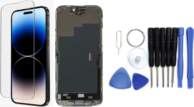 Produktbild von Display für iPhone Ersatzdisplay, Ersatzbildschirm mit Rahmen – LCD/OLED Display für iPhone optional mit Werkzeugset – IPhone 15 Pro / Werkzeug + Panzerschutzglas