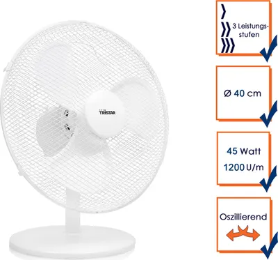 Produktbild von Tristar VE-5727, Haushalts-Lamellenlüfter, Weiß, Tisch, Kunststoff, 56,82 dB, 1 m³