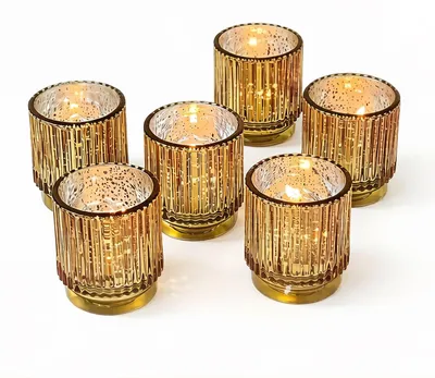 Zdjęcie produktu dla Świeczniki typu tealight z żłobionego szkła, złote, w stylu vintage, zestaw 6 sztuk