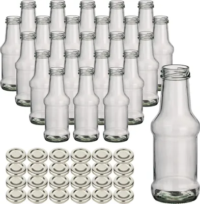 Produktbild von gouveo 24er Set Glasflasche 250 ml Barbecue mit Schraubdeckel TO38 silberfarben - Kleine Glasflasche 0,25 l mit Schraubverschluss - Saftflasche
