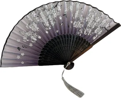 Produktbild von Handfächer im chinesischen Stil im Vintage-Stil, faltbar, aus Kunstseide, faltbar, mit Bambusrahmen, für Hochzeiten, Cosplay, Partys, Tanzrequisiten
