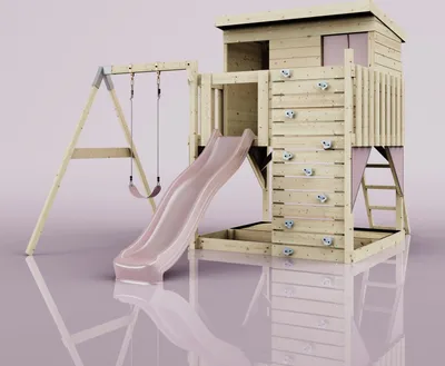 Produktbild von OutdoorToys Spielturm Tjorven aus Holz in Rosa Altrosa, mit Kinderschaukel