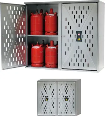 Produktbild von Gasflaschenschrank, Flaschenschrank, für 5 kg, 11 kg oder 33 kg Propangas, Flüssiggas, 2-Türig, Rückwand, Bodenrost, 1.500 x 1.680 x 690 mm (HxBxT)