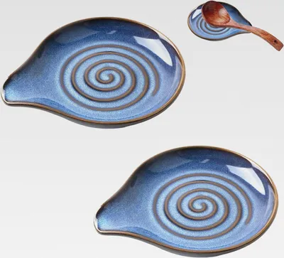 Produktbild von Löffelablage Keramik mit Spiralmuster,2 Stück Porzellan Stehende Löffelhalter Kochlöffelablage Ständer Kochlöffel Ablage Kochlöffelhalter Spoon Rest Ceramic für Küche Küchenutensilien Löffel